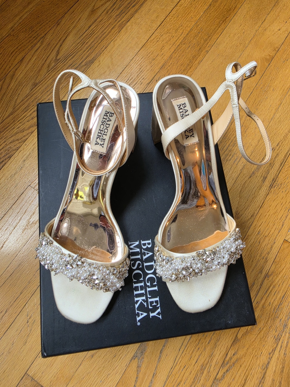 Badgley Mischka Clara Cream Crystal &Pearl -Embellished Ankle-Strap